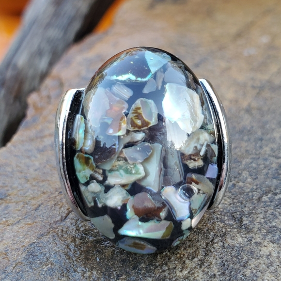 Silver natural crushed abalone ring size 7.5 - Picture 4 of 9